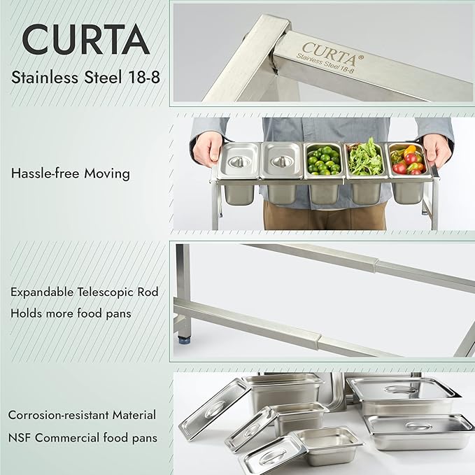 CURTA Expandable 18/8 Stainless Steel Spice Rack Set, NSF Certified, 1-Tier Inclined Organizer Shelf with 5 1/9 4“ Pan&Lid, 13.8" - 23.6" Adjustable, Countertop Holder for Seasoning Ingredients