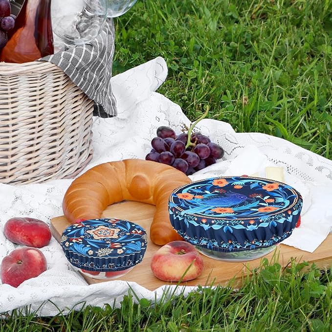 5 Pieces Bowl Covers Reusable, 5 Size Elastic Cloth Bowl Covers for Bread Proofing Food Covers Washable for Food Fruits Leftover (Blue Bird) - Image 4