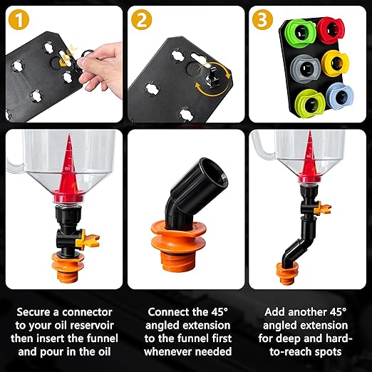 18 Pack No Spill Engine Oil Funnel Kit，1.59QT/1.5L Automotive Oil Funnel Set， 2 Magnetic Adapter Organizer Boards 12 Adapters Compatible with GM, Ford, BMW, Audi, Land Rover Etc