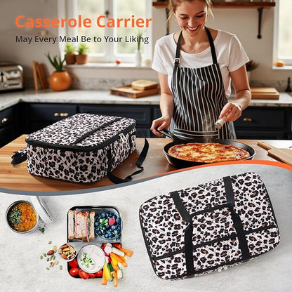 Insulated Casserole Carrier Portable Food Tote for Hot or Cold – Fits 9"x13" Baking Dish, Lasagna Holder for Parties, Picnic, Travel, Beach - Leopard Print