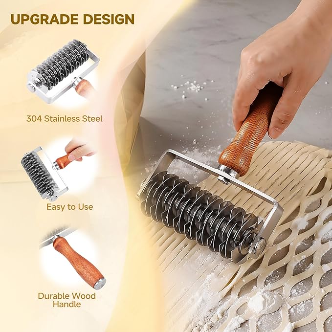 Pastry Lattice Roller Cutter, Stainless Steel Dough Cutter Wheel with Wood Handle, Time-Saver Baking Tools for Beef Wellington Pie Crust Pizza Bread, JKUS20408