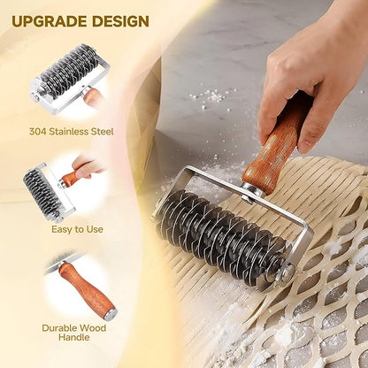 Pastry Lattice Roller Cutter, Stainless Steel Dough Cutter Wheel with Wood Handle, Time-Saver Baking Tools for Beef Wellington Pie Crust Pizza Bread, JKUS20408