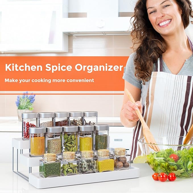 Expandable Spice Rack Organizer for Cabinet - 3 Tier Adjustable Cabinet Spice Organizer Easy Visibility - Spice Organizer for Cabinet Countertop Cupboard Pantry Organization (White) - Image 7