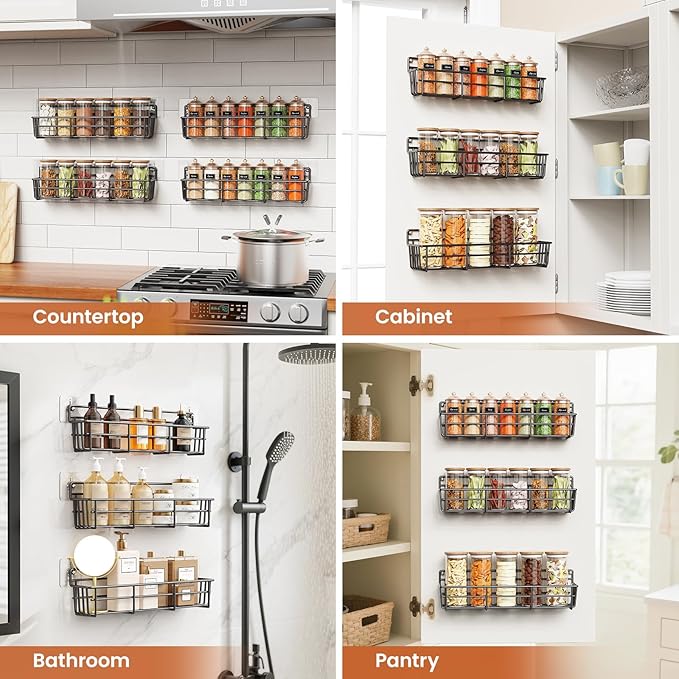 Mystozer Spice Rack Organizer Wall Mount, Hanging Spice Pantry Storage Shelf Organization, 4 Pack Space Saving Seasoning Organizer for Kitchen Cabinet, Door or Bathroom, Black - Image 7