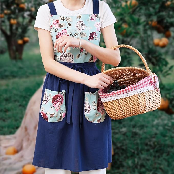 Pinknoke Vintage Pinafore Apron Dress for Women with Pockets Cute Floral Chef Aprons for Kitchen Cooking Baking Gardening - Image 3