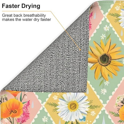 Daisy Flowers Dish Drying Mat 16x18 Inch, Microfiber Absorbent Fast Dry Mat Floral Large Dish Mat Drying Kitchen Mat, Kitchen Drying Pad for Kitchen Counter Coffee Bar Decor Gifts