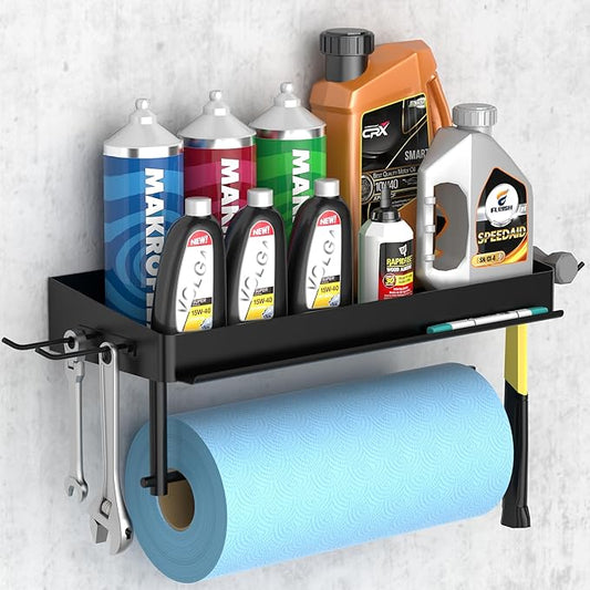 Taozun Garage Paper Towel Holder, Wall Mount Shelf, Shop Towel Holder, One-Hand Tear, Paper Towel Holder Wall Mount with 4 Detachable Hooks for Garage Organization and Storage(Black)