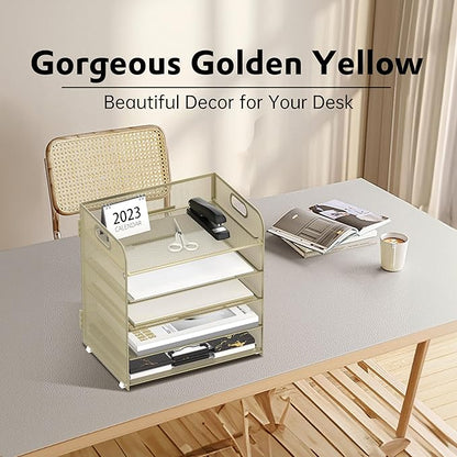 Supeasy 5 Trays Paper Organizer Letter Tray with Handle-Mesh Desk File Organizer,Pink Paper Sorter Desk Organizer for Office, Home or School (Gold Yellow) - Image 2
