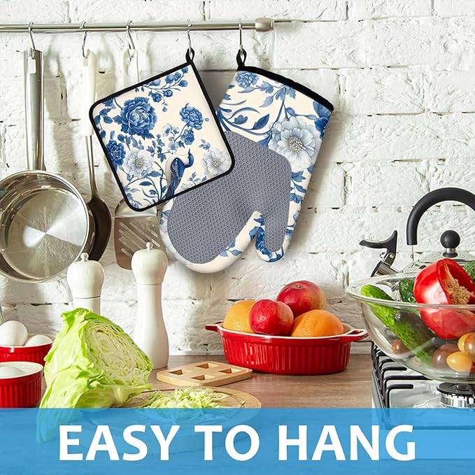 Blue Bird Blooming Flower Oven Mitts and Pot Holders Sets Heat Resistant 4Pcs Potholders Oven Gloves Hot Pads for Kitchen Baking Cooking Grilling BBQ