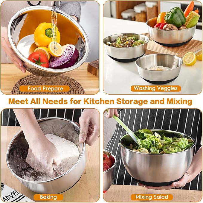 CHAREADA Mixing Bowls with Airtight Lids, 18pcs Stainless Steel Nesting Colorful Mixing Bowls Set Non-slip Silicone Bottom, Size 4.5, 3.6, 2.7, 2.1, 1.7, 1.1, 0.7 qt, Fit for Mixing & Serving (Black) - Image 7