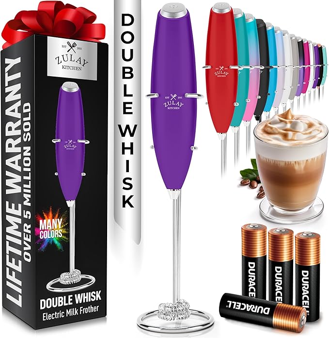 Zulay Kitchen Whisk Milk Frother with 4 Duracell Batteries - Powerful Handheld Foam Maker for Coffee, Lattes, Matcha, Hot Chocolate & Cappuccinos - Whip Creamy Froth in Seconds by ZulayKitchen