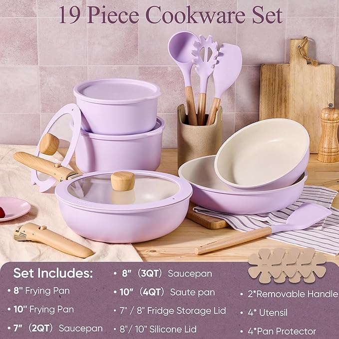 CAROTE Pots and Pans Set Non Stick, Cookware Sets, 19pcs Kitchen Set, Oven/Fridge Safe, Space Saving Pots Set, Nonstick Set with Versatile Removable/Detachable Handle, Induction RV Set, Purple - Image 2