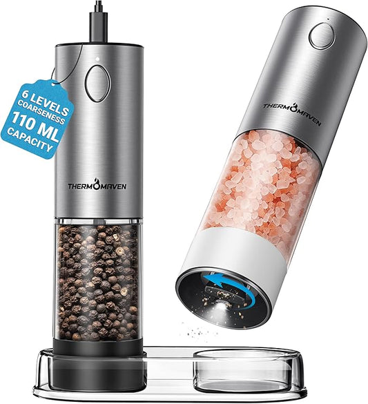 ThermoMaven Electric Salt and Pepper Grinder Set, 110ml Larger Rechargeable Automatic Salt and Pepper Mill Grinder with 6 Adjustable Coarseness, Salt and Pepper Shakers, LED, 2 Packs, Black & White by ThermoMaven