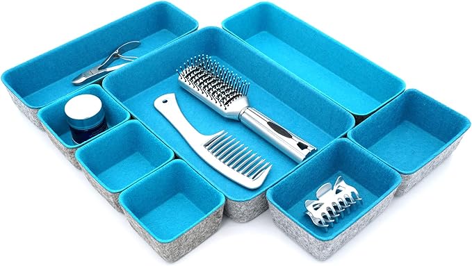 Welaxy desk drawer organizer tray felt storage bin for home office entryway catchall key holder makeup crafts pens decluttering 8-piece gift Solution (Turquoise) - Image 6