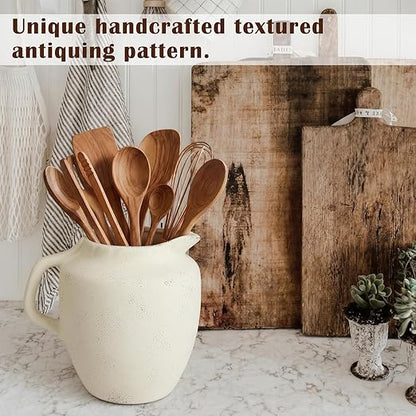 Potchen Rustic Kitchen Utensil Holder with Handle,7.48" H Ceramic Vintage Utensil Crock for Countertop, Farmhouse Kitchen Decoration Ceramic Pot for Spatulas Spoons Tongs(Novelty,Antique Cream) - Image 4