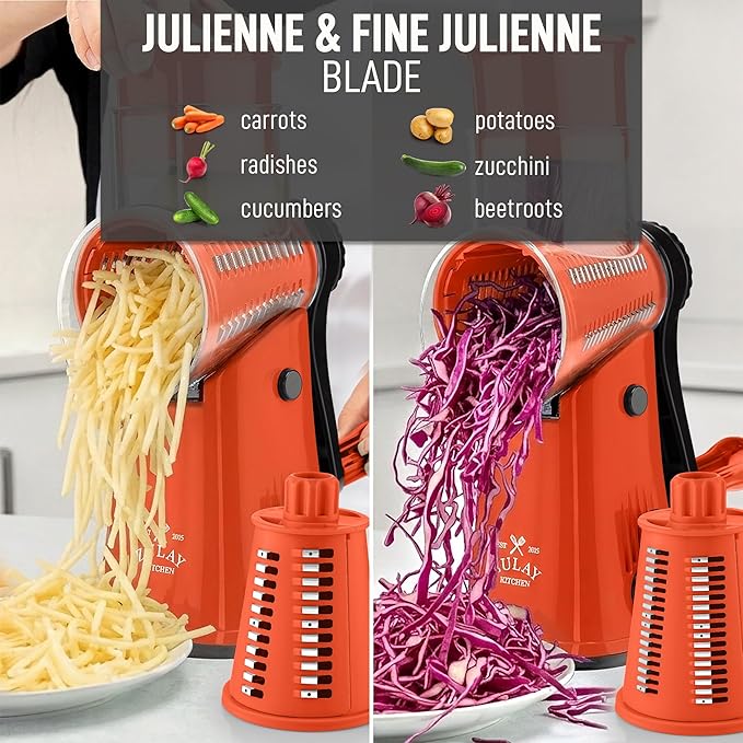 Zulay Kitchen Rotary Cheese Grater 5 Blade Cheese Shredder - Manual Hand Crank Cheese Grater With Reinforced Suction & 5 Interchangeable Drums - Easy to Use, Vegetable Chopper Round Mandoline Slicer - Image 6