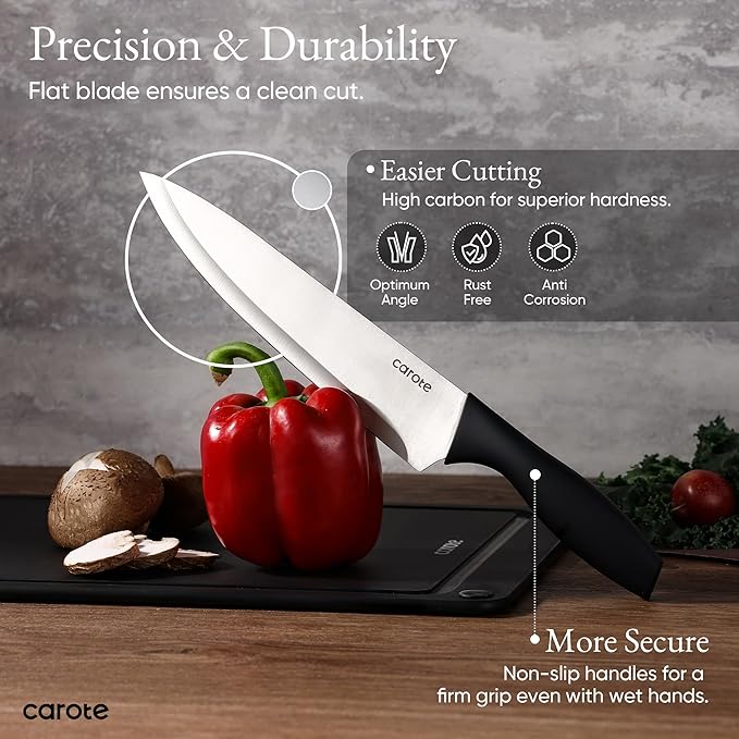 CAROTE Knife Set, 11 Pcs Kitchen Knives with 5 Blade Guards & Non-Slip Cutting Board, Rustproof Stainless Steel 5 Kitchen Knife Set, Plain Black - Image 5