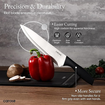 CAROTE Knife Set, 11 Pcs Kitchen Knives with 5 Blade Guards & Non-Slip Cutting Board, Rustproof Stainless Steel 5 Kitchen Knife Set, Plain Black - Image 5