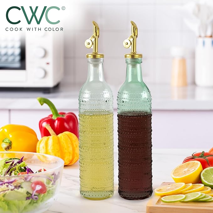COOK WITH COLOR Glass Olive Oil Bottle Dispenser - 2 Pack- 17oz Oil and Vinegar Cruet - Olive Oil Carafe Decanter for Kitchen, Champagne Bubbles, Green - Image 4