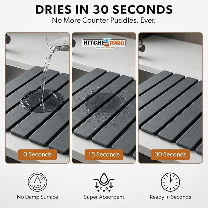Stone Drying Mat for Kitchen Counter - Super Absorbent, 30sec Fast-Drying Diatomite Dish Mat, Collapsible for Kitchen.