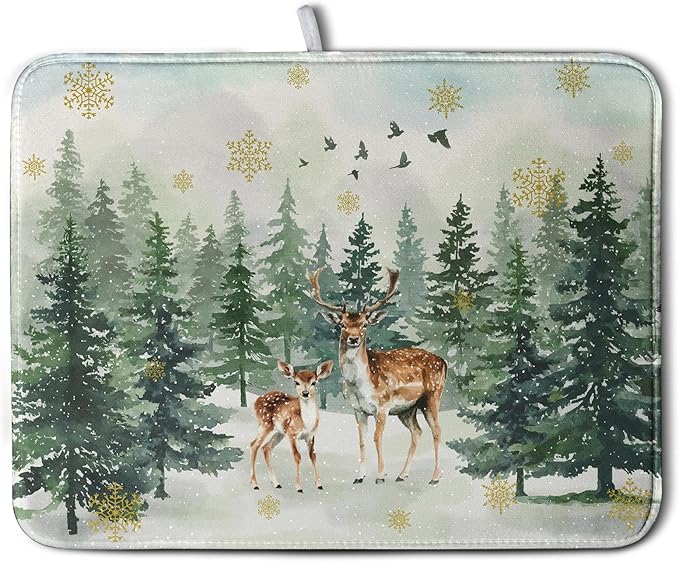 Reindeer Tree Snowflakes Christmas Dish Drying Mats for Kitchen Counter 18x24 Inch Winter Forest Dish Drainer Mats Absorbent Reversible Dish Draining Microfiber Dishes Drying Pad by Kwlegh