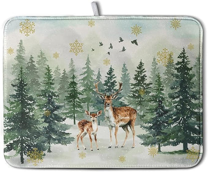 Reindeer Tree Snowflakes Christmas Dish Drying Mats for Kitchen Counter 18x24 Inch Winter Forest Dish Drainer Mats Absorbent Reversible Dish Draining Microfiber Dishes Drying Pad by Kwlegh