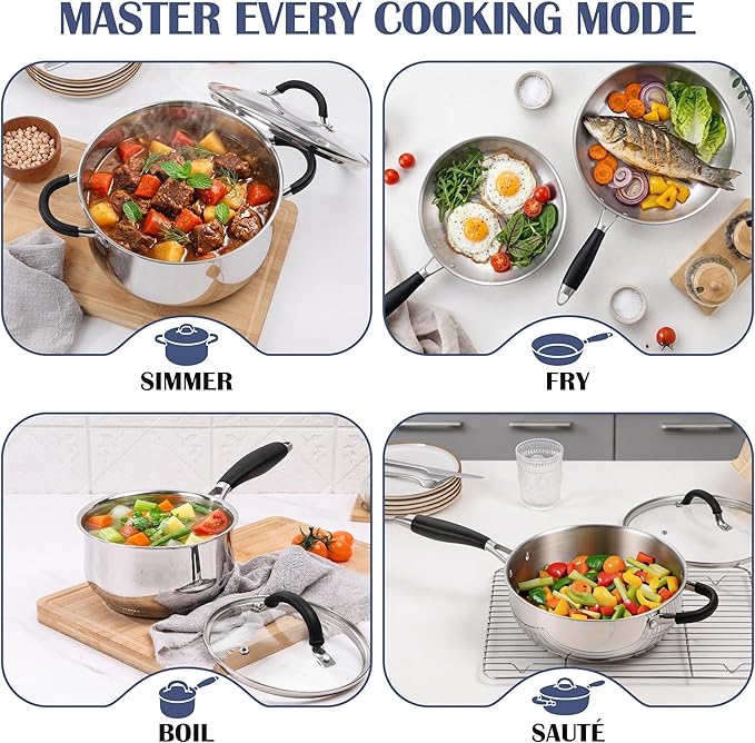 E-far 10-Piece Stainless Steel Cookware Set - Induction Tri-Ply Base Pots and Pans, Non-Toxic Kitchen Cooking Set w/Stay-Cool Handle, Frying Pans, Saucepans, Stockpot with lid, Oven & Dishwasher Safe