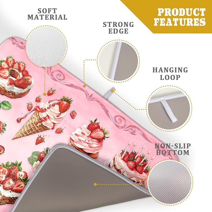 Strawberry Dish Drying Rack Mat Pink Absorbent Microfiber Dish Drying Mat for Kitchen Counter 18x24 In - Image 4