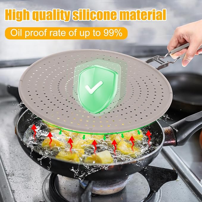 Tioncy 3 Pcs Silicone Splatter Screen for Frying Pan Grease Oil Splatter Collapsible Splash Guard Heat Resistant Multi Use for Baking and Cooking(Gray) - Image 3