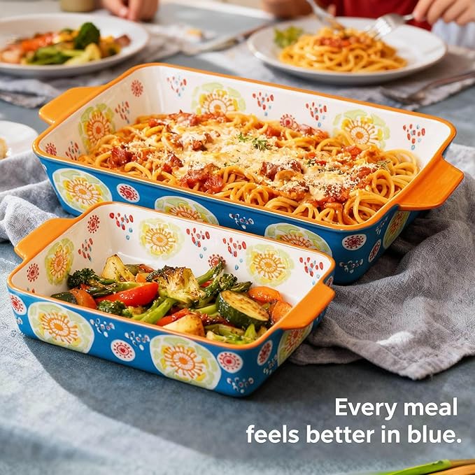 Ceramic Baking Dish Set of 2, 3QT & 1.2QT Stoneware Casserole Dishes for Oven, Rectangular Bakeware with Handles, Oven Safe 480°F, Microwave Dishwasher Safe, Lasagna & Brownie Pan - Ocean Blue