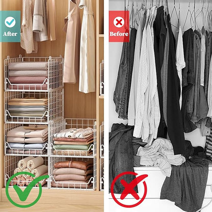 Jakyitvi 6-Tier Closet Shelf Organizer,Metal Stackable Closet Organizers and Storage,Clothes Storage Bins,Shelf Organizer Basket,Folded Shelf Organizer for Closet Wardrobe,White