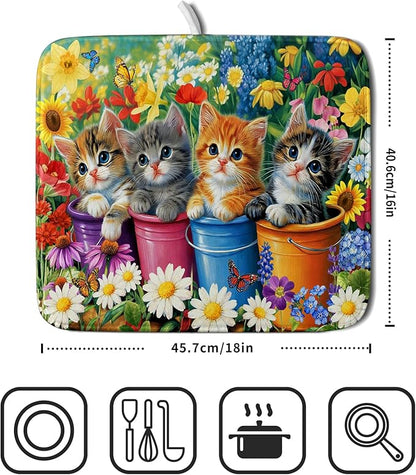 Funny Absorbent Dish Drying Mat Spring Cat Dish Drying Mats for Kitchen Counter Small - Image 2
