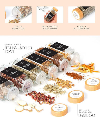 Bamboo Glass Spice Jars with Label and Shaker Lids Clear Empty 4oz 24 Pack Bottles Set, Square Glass Spice Containers with Labels Black, Seasoning Organizer Jars, Seasoning Containers with Labels Set - Image 6