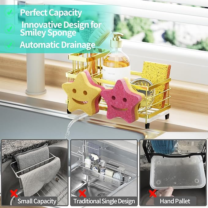 HapiRm Sink Caddy Sponge Holder - Self-draining Kitchen Sink Organizer with Smiley Face and Brush Holder, Stainless Steel Kitchen Sponge Caddy for Countertop - Gold - Image 7