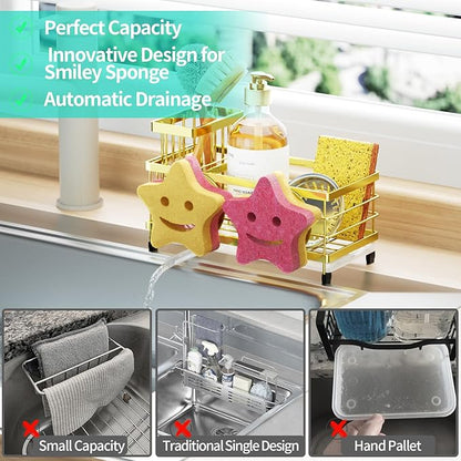 HapiRm Sink Caddy Sponge Holder - Self-draining Kitchen Sink Organizer with Smiley Face and Brush Holder, Stainless Steel Kitchen Sponge Caddy for Countertop - Gold - Image 7