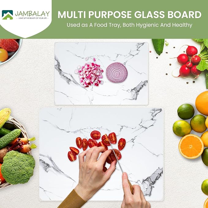 JAMBALAY Tempered Glass Cutting Boards for Kitchen, White 12"x8" & 16"x12" Glass Cutting Board Set with Marble Design, With Non Slip Foot, Shatter and Heat Resistant, Dishwasher Safe