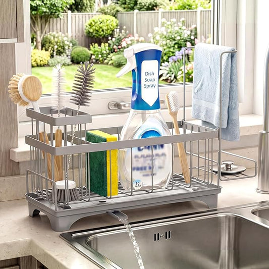 VOOWO Sponge Holder for Kitchen Sink, Compact Sink Caddy with Detachable Brush Holder and Towel Rack, Stainless Steel Kitchen Sink Organizer for Dish Sponge, Soap Dispenser Storage Accessories (Gray)