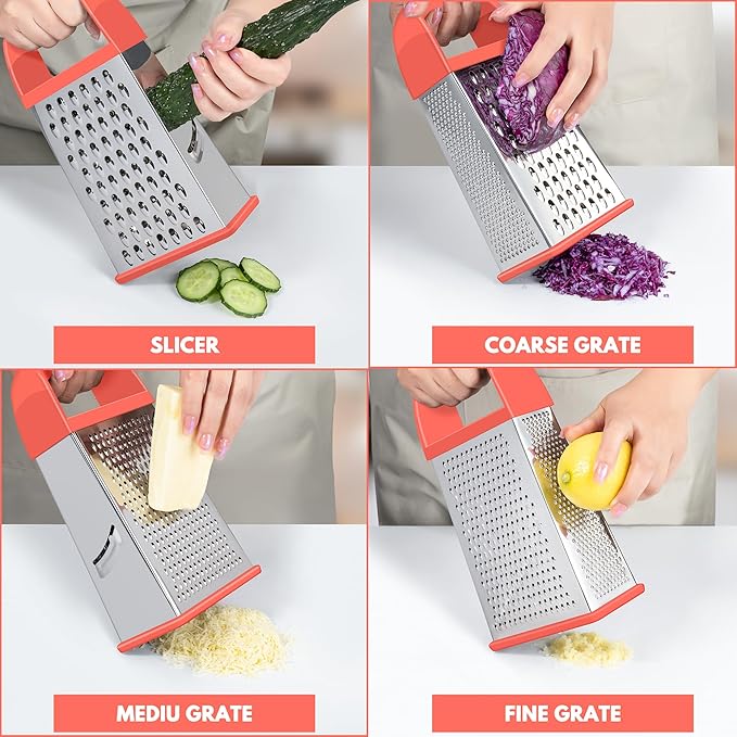 Urbanstrive Cheese Grater With Container, Professional Cheese Grater with Handle, Stainless Steel Graters for Kitchen Handheld, Box Grater with 4 Sides for Vegetables, Ginger, Potatoes (Coral) - Image 3