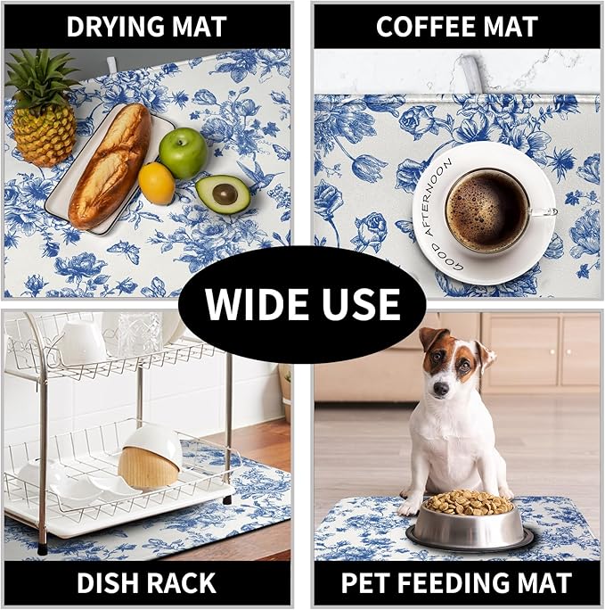 Dish Drying Mat for Kitchen Counter Blue and White Floral Drying Mats Chinoiserie Vintage Flowers Dish Drying Pad for Dishes Microfiber Absorbent Dish Drainer Rack Mat for Countertop 16x18 Inch - Image 7