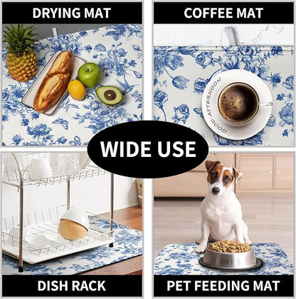 Dish Drying Mat for Kitchen Counter Blue and White Floral Drying Mats Chinoiserie Vintage Flowers Dish Drying Pad for Dishes Microfiber Absorbent Dish Drainer Rack Mat for Countertop 16x18 Inch - Image 7