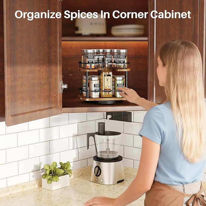Lazy Susan Organizer Spice Rack - Spice Organization for Cabinet Height Adjustable Rotating Lazy Turntable, Pantry Kitchen Wood Revolving Seasoning Organizer (Vintage, 9 Inch) - Image 2