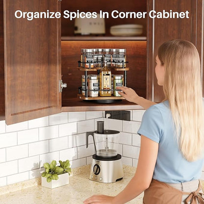 Lazy Susan Organizer Spice Rack - Spice Organization for Cabinet Height Adjustable Rotating Lazy Turntable, Pantry Kitchen Wood Revolving Seasoning Organizer (Vintage, 9 Inch) - Image 2
