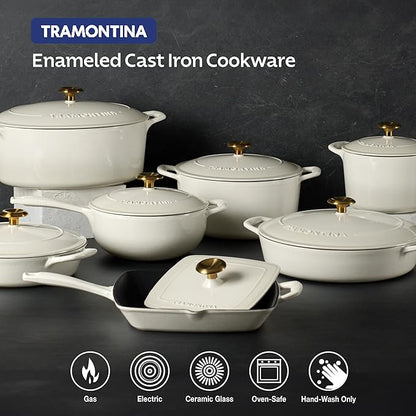 Tramontina Bestow Enameled Cast Iron Oval Dutch Oven Pot with Lid, Large 7-quart, Latte (Gold Knob) - Image 7