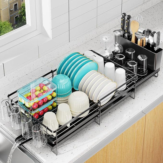 Large Dish Drying Rack, Expandable Dish Rack for Kitchen Counter, Dishrack with Drainboard Set, Multifunctional Dish Drainer with Utensil Holder & Cup Holder, Black