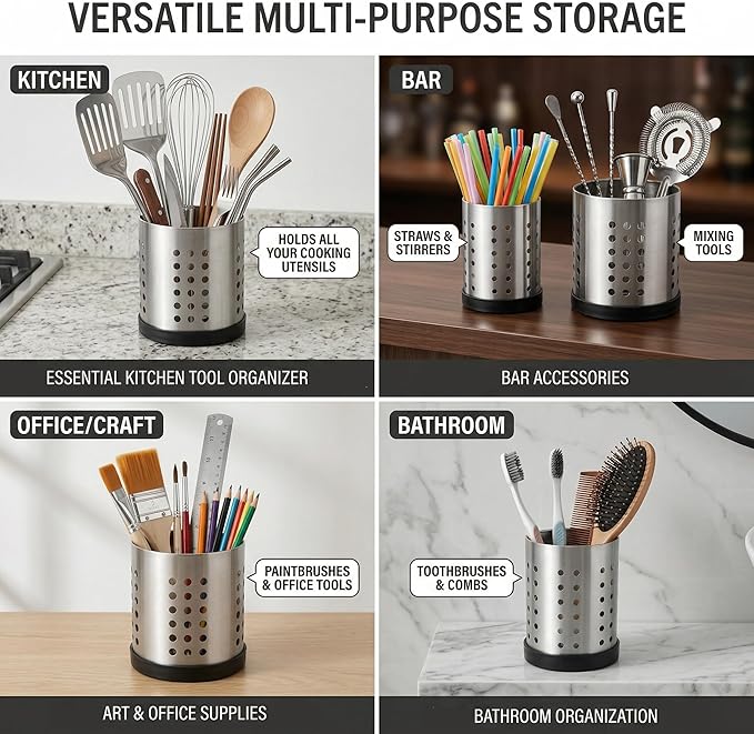 TOPZEA Set of 4 Kitchen Utensil Holder, Stainless Steel Cooking Utensil Organizer Flatware Silverware Holder Drying Rack Cylinder Kitchen Countertop Caddy for Chopstick, Spoon, Fork, Cultery, Straw - Image 4