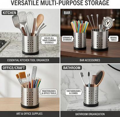TOPZEA Set of 4 Kitchen Utensil Holder, Stainless Steel Cooking Utensil Organizer Flatware Silverware Holder Drying Rack Cylinder Kitchen Countertop Caddy for Chopstick, Spoon, Fork, Cultery, Straw - Image 4
