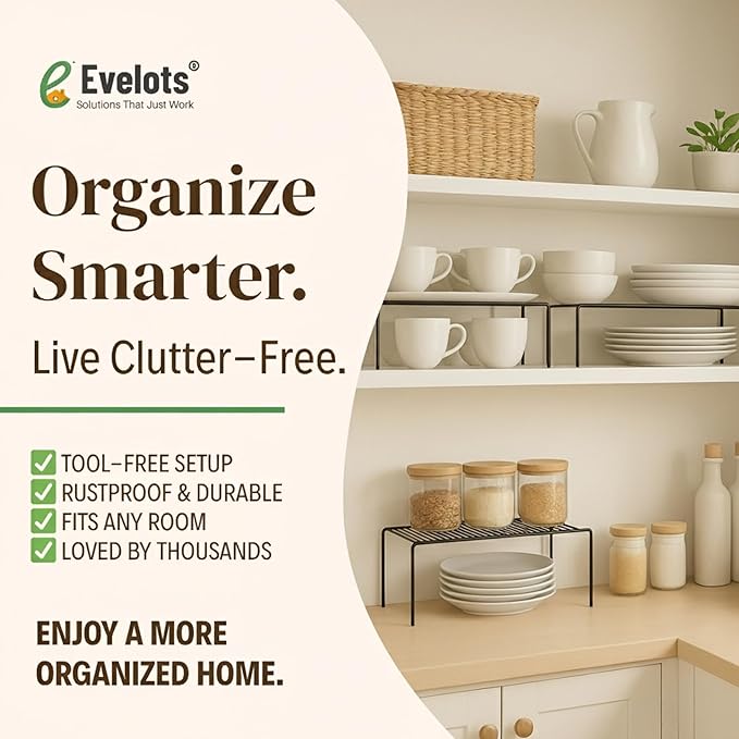 Evelots Kitchen Cabinet Wire Shelf Organizer/Rack - 2 Pack Sturdy Metal Shelf Risers - Double Your Counter Space - Great for Kitchen, Freezer, Pantry and Bathroom - Rustproof - Black - Image 8