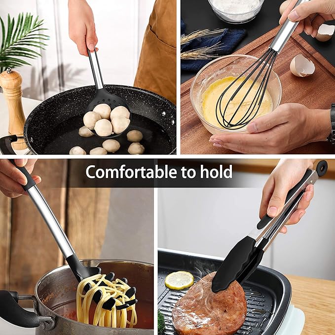 LIANYU 15-Piece Kitchen Cooking Utensils Set with Holder, Silicone Kitchen Tools Stainless Steel Handle, Slotted Spatula Spoon Turner Tong Whisk Brush for Cooking, Black - Image 6