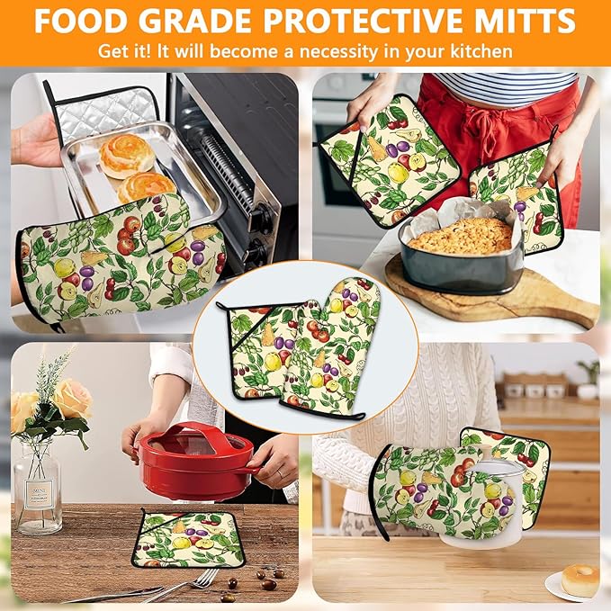 Fruit Oven Mitts and Pot Holders Sets 4Pcs,Extra Long Oven Gloves Potholder for Kitchen Cooking Baking BBQ 100% Cotton Heat Resistant - Image 7
