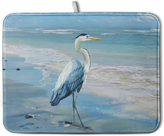 Summer Blue Dish Drying Mat for Kitchen Counter 18x24 Inch Heron Coastal Beach Drying Mats Nautical Ocean Bird Dishes Drainer Mats Microfiber Absorbent Dish Rack Pad by Kwlegh